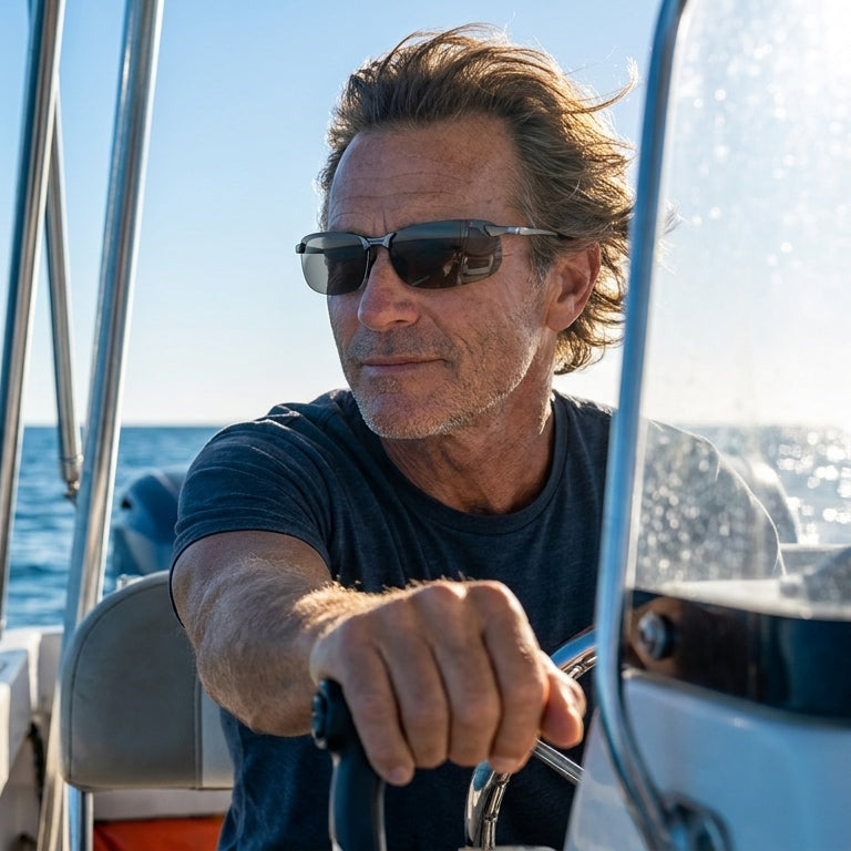 Angler in Revett sunglasses leaning over the gunwale, reading clear water below