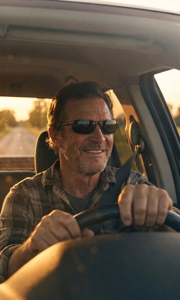 Driver in Revett sunglasses on the road home, golden-hour light through the window