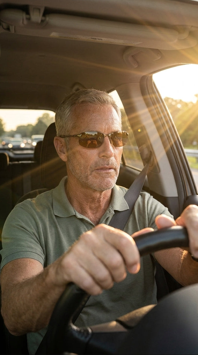 Driver in Revett sunglasses at the wheel of a pickup, low sun across the windshield
